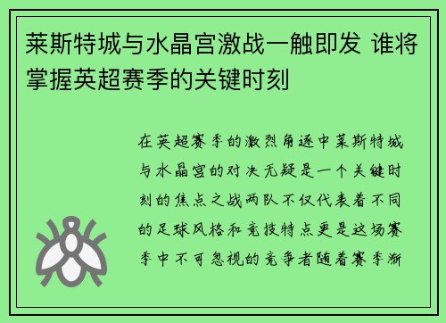 莱斯特城与水晶宫激战一触即发 谁将掌握英超赛季的关键时刻 莱斯特城与水晶宫激战一触即发 谁将掌握英超赛季的关键时刻